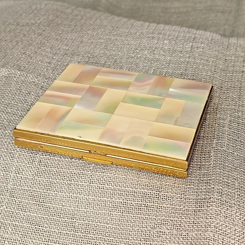 Marhill Brass Mother of Pearl Powder Compact Vintage 50s Mirror